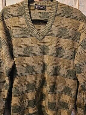 Vintage Los Vegas Men's V-Neck Knit Sweater Olive Green & Tan Geometric Size L